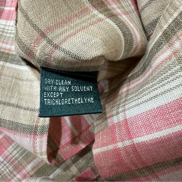 Lauren Ralph Lauren Linen Pink Brown Plaid Button Front Roll Tab Top MED - Picture 3 of 4